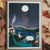 Postcard artwork of a night scene with a moonlit landscape and figures on a wooden surface.