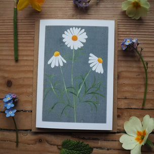 Floral card with daisies on a wooden surface with real flowers around