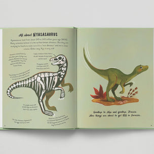 Open book with illustrations of a dinosaur and its skeleton on a light gray background