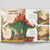 Illustrated book open to a page about Stegosaurus with colorful dinosaurs and plants on a gray background