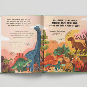 Open book with colorful dinosaur illustrations and text on a light gray background