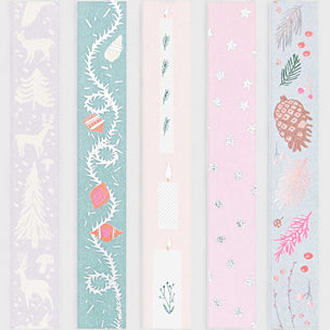 Four vertical strips with decorative patterns on a light purple background