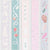 Four vertical strips with decorative patterns on a light purple background