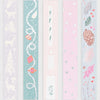 Four vertical strips with decorative patterns on a light purple background