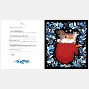 Illustration of animals in a red mitten with floral border on a book page.