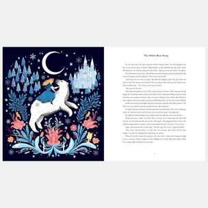 Illustration of a polar bear with a blue scarf in a forest with a castle and moon, next to text on a white background.