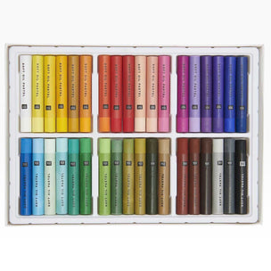 Set of oil pastels in various colors arranged in a box.