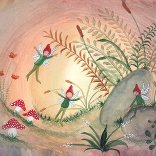Illustration of fairies in a garden with mushrooms and plants.