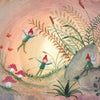 Illustration of fairies in a garden with mushrooms and plants.