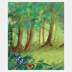 Painting of a forest scene with trees, a butterfly, and animals.
