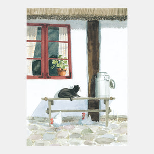 Illustration of a cat and chickens by a window with a red frame.