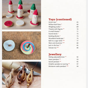 Page from a book or catalog showing wooden toys and jewelry with text listings.