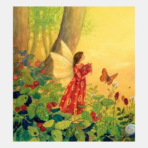 Fairy in a red dress with butterfly wings among berries and flowers