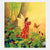 Fairy in a red dress with butterfly wings among berries and flowers