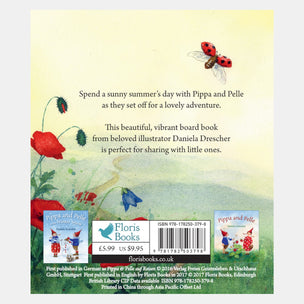 Back cover of a children's book with illustrations of flowers, a ladybug, and text about the book's content.