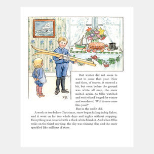 Illustration of two children in a room with a Christmas tree and presents, accompanied by text.