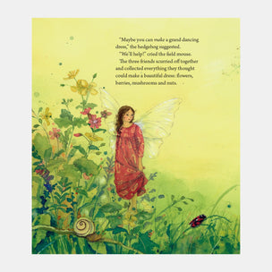 Illustration of a fairy in a garden with text overlay