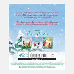 Book back cover with winter-themed illustration and text about a winter gnome and animal friends.