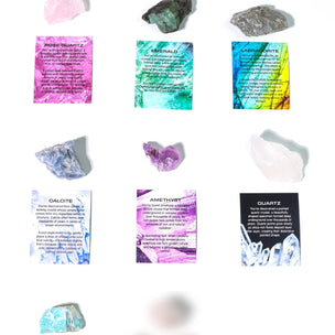 Collection of various crystals with descriptive cards on a white background