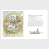 Illustrated book page with a nest containing a small room and text on a white background