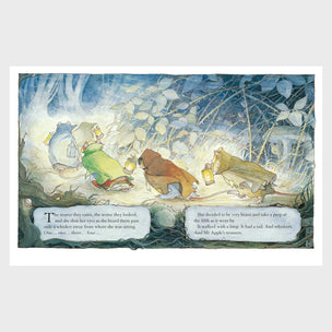 Illustration from a children's book with two characters in a snowy forest.