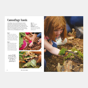 Children playing in a natural setting with text on camouflage hands. book