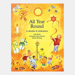 Book cover of 'All Year Round' with illustrations of children and festive elements on a yellow background.