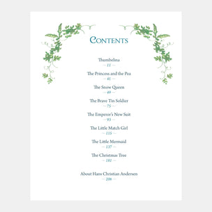 Table of contents page with green leafy design on a white background