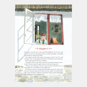 Illustrated book page with a character looking out a window, accompanied by text.