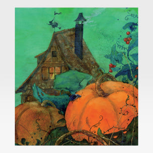 Painting of a rustic house with pumpkins and a green background