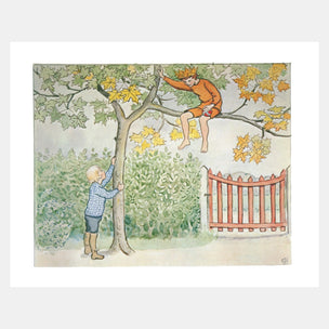 Illustration of a child climbing a tree with another child on a branch, set against a white background.