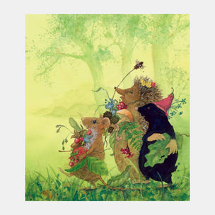 Illustration of three animals in a forest setting with flowers and leaves.