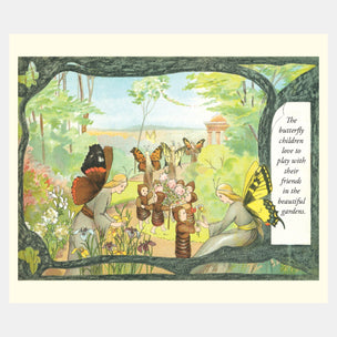Illustration of butterfly children playing in a garden with text on a white background