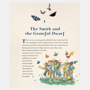 Book page with text and illustrations of dwarfs and butterflies on a beige background