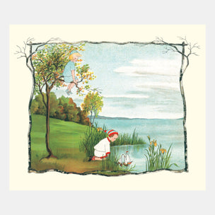 Illustration of two children by a lake with a tree and sailboat.