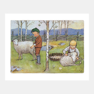 Illustration of two children with sheep in a pastoral setting