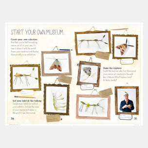 Educational page on creating a museum with framed nature art and labeled explorers.