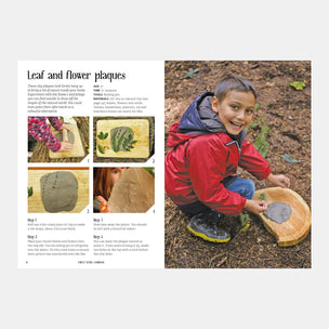 Child making leaf and flower plaques outdoors with instructions on the left side.