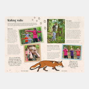 Children's activity book page with outdoor scenes and text on stalking walks.