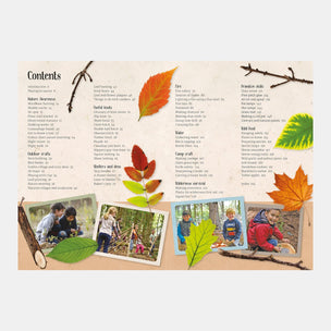 Children's activity book with nature-themed content and leaf decorations.