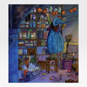 Colorful painting of a witch in a potion-making scene with shelves and ingredients.