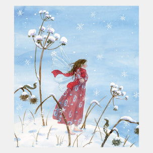 Illustration of a fairy in a red dress standing in a snowy landscape with snowflakes falling.