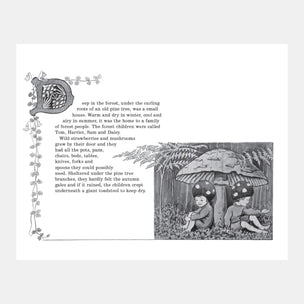 Illustration of children under a mushroom with text on a white background