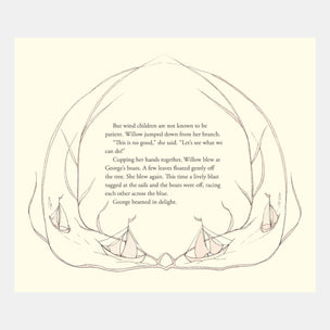 Illustrated book page with text and sailboat drawings on a light background