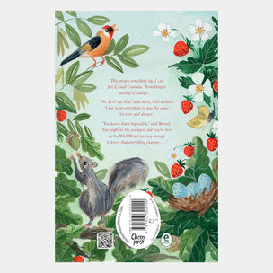 Book back cover with illustrations of a bird, squirrel, and nest on a green background