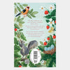 Book back cover with illustrations of a bird, squirrel, and nest on a green background
