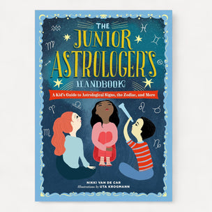 Book cover of 'The Junior Astrologers Handbook' with illustrations of three children against a starry night sky.