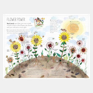 Educational art book about flowers with illustrations and text on a white background