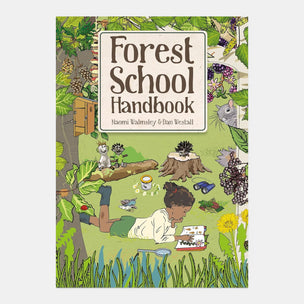 Book cover of 'Forest School Handbook' with illustrations of a child in a forest setting.