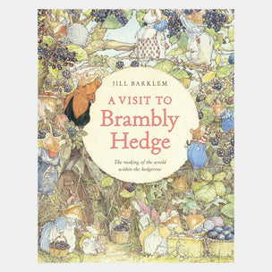 Book cover of 'A Visit to Brambly Hedge' by Jill Barklem with illustrations of animals in a forest setting.